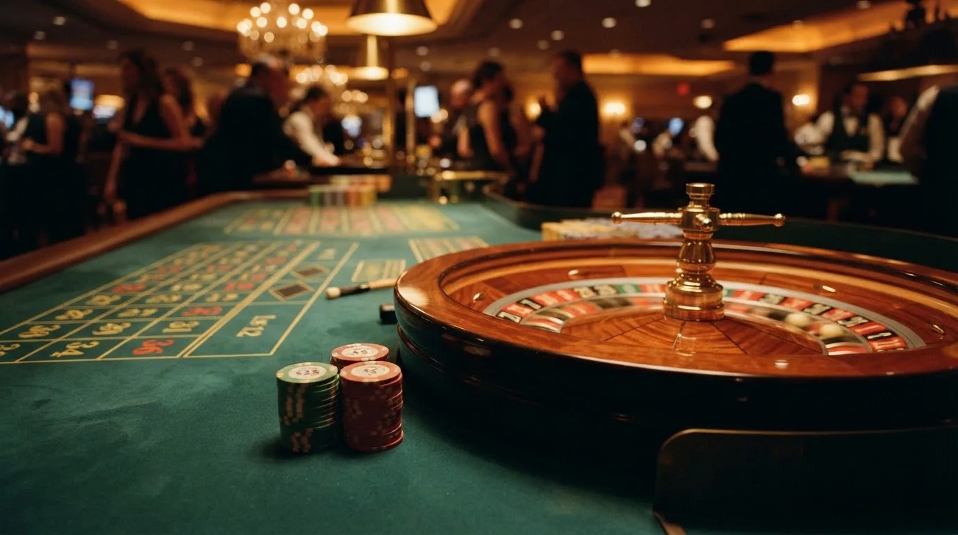 Roulettehjul och spelmarker på grön filt i varmt kvällsljus — 10 euro casino i sverige
