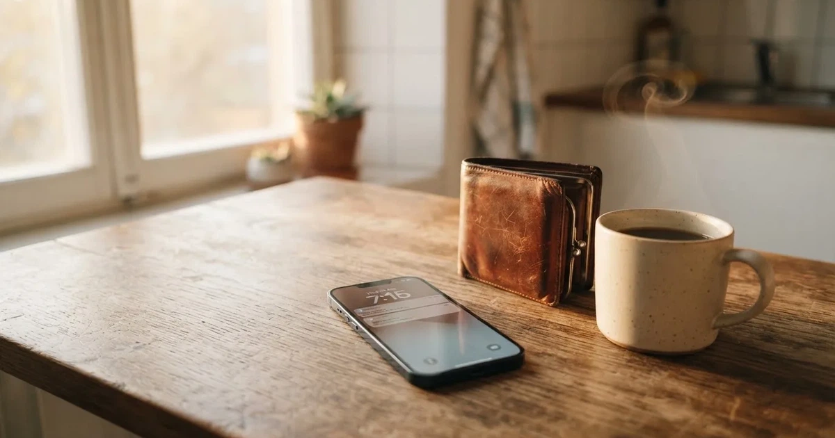 Mobiltelefon på ett träbord bredvid en plånbok och en kopp kaffe — 10 euro casino i sverige