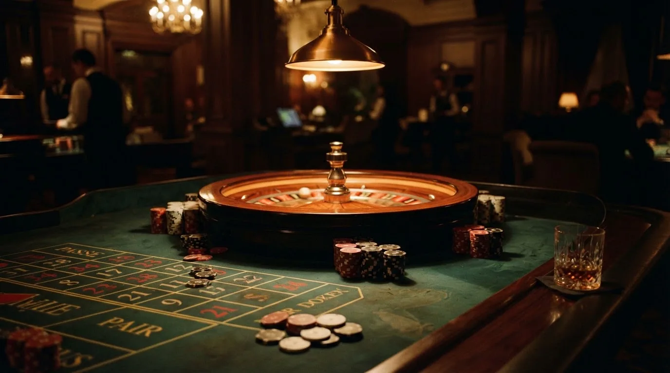 Roulettehjul och spelmarker på grön filt i varmt kvällsljus — 10 free spins casino i sverige