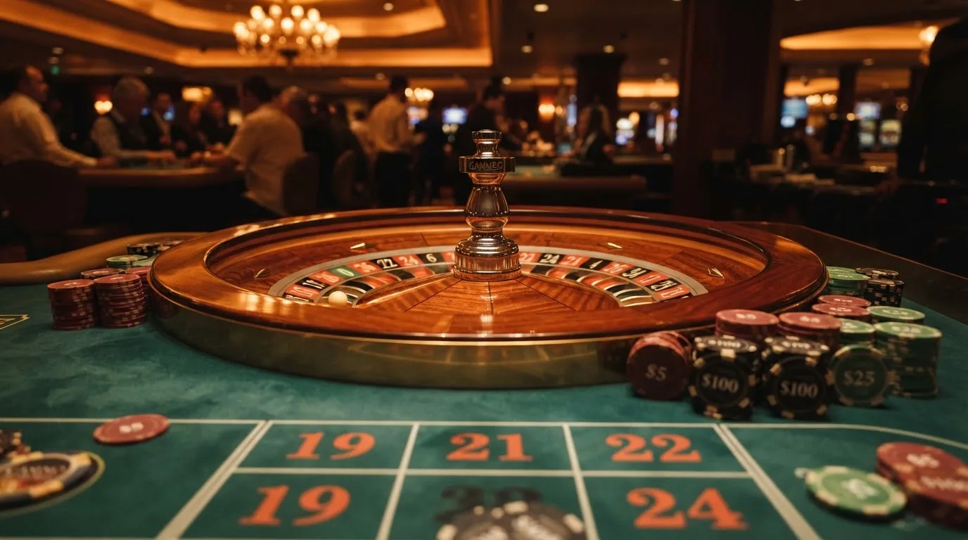 Roulettehjul och spelmarker på grön filt i varmt kvällsljus — 10 kr casino i sverige