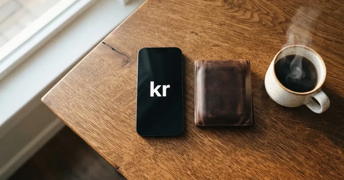 Mobiltelefon på ett träbord bredvid en plånbok och en kopp kaffe — 10 kr casino i sverige