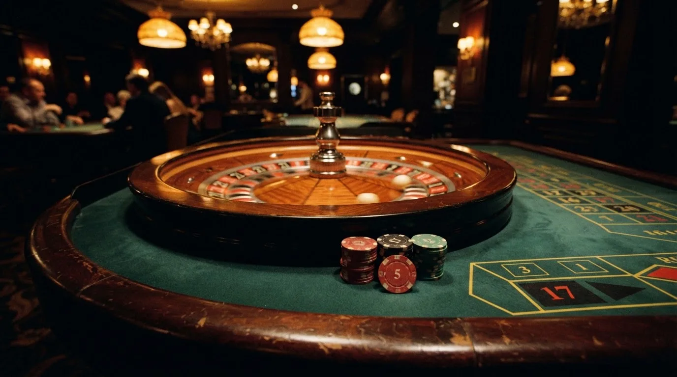 Roulettehjul och spelmarker på grön filt i varmt kvällsljus — 100 euro casino i sverige
