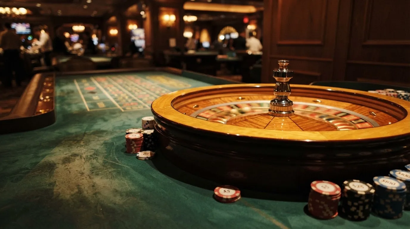 Roulettehjul och spelmarker på grön filt i varmt kvällsljus — 100 free spins casino i sverige