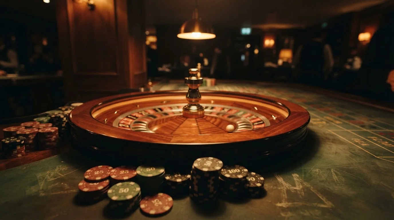 Roulettehjul och spelmarker på grön filt i varmt kvällsljus — 150 free spins casino i sverige
