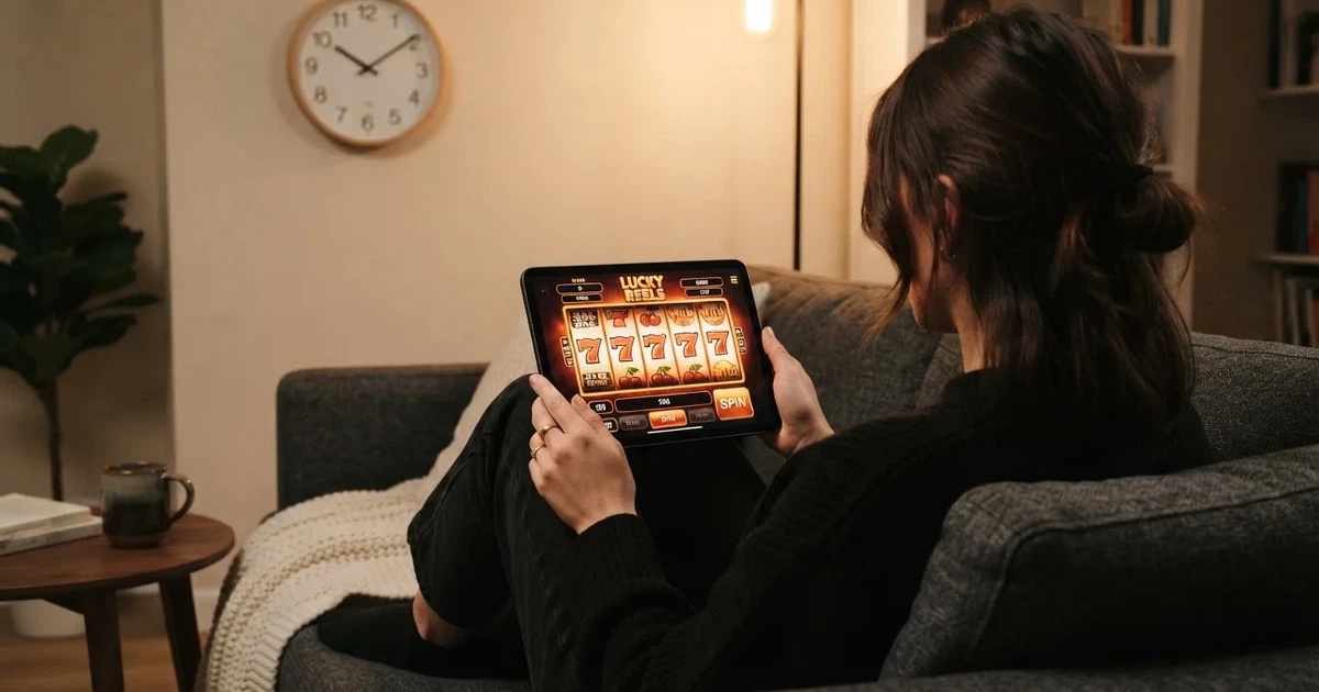 Person i en soffa ser eftertänksamt på en surfplatta, en klocka på väggen bakom — 150 free spins casino i sverige