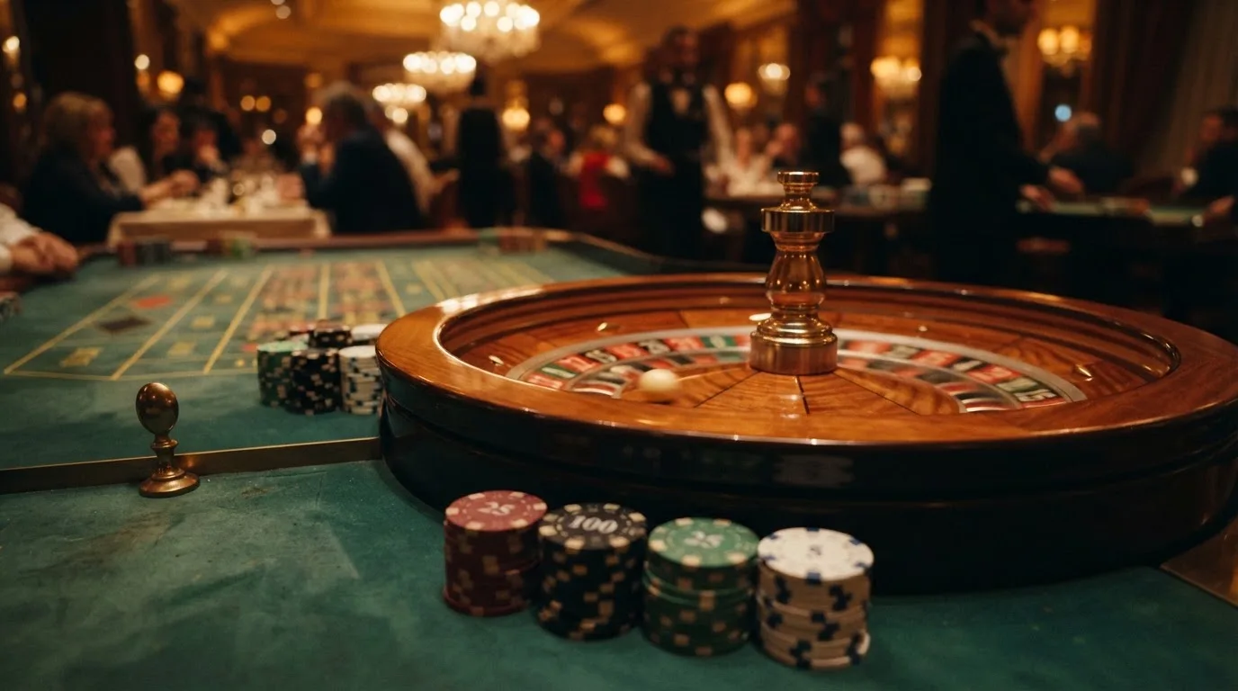 Roulettehjul och spelmarker på grön filt i varmt kvällsljus — bästa blackjack i sverige
