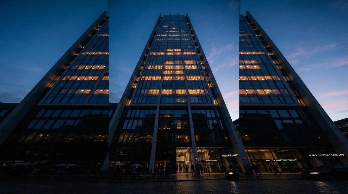 En modern kontorsbyggnad fotograferad underifrån i skymning med tända fönster mot en klarblå himmel.