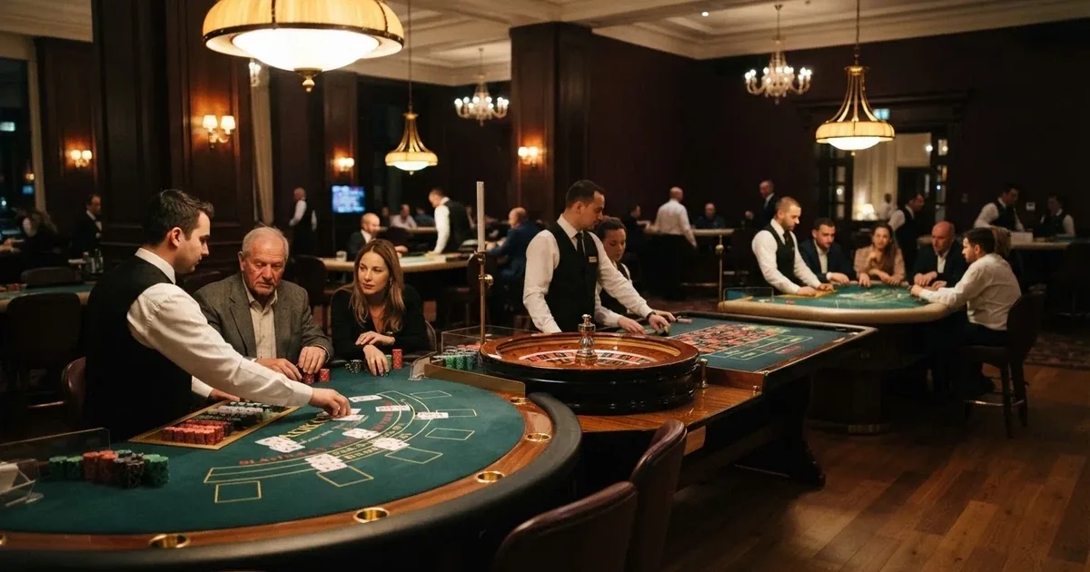 Tre olika spelbord bredvid varandra i en lugn, varmt upplyst spelsal — bästa kasino i sverige