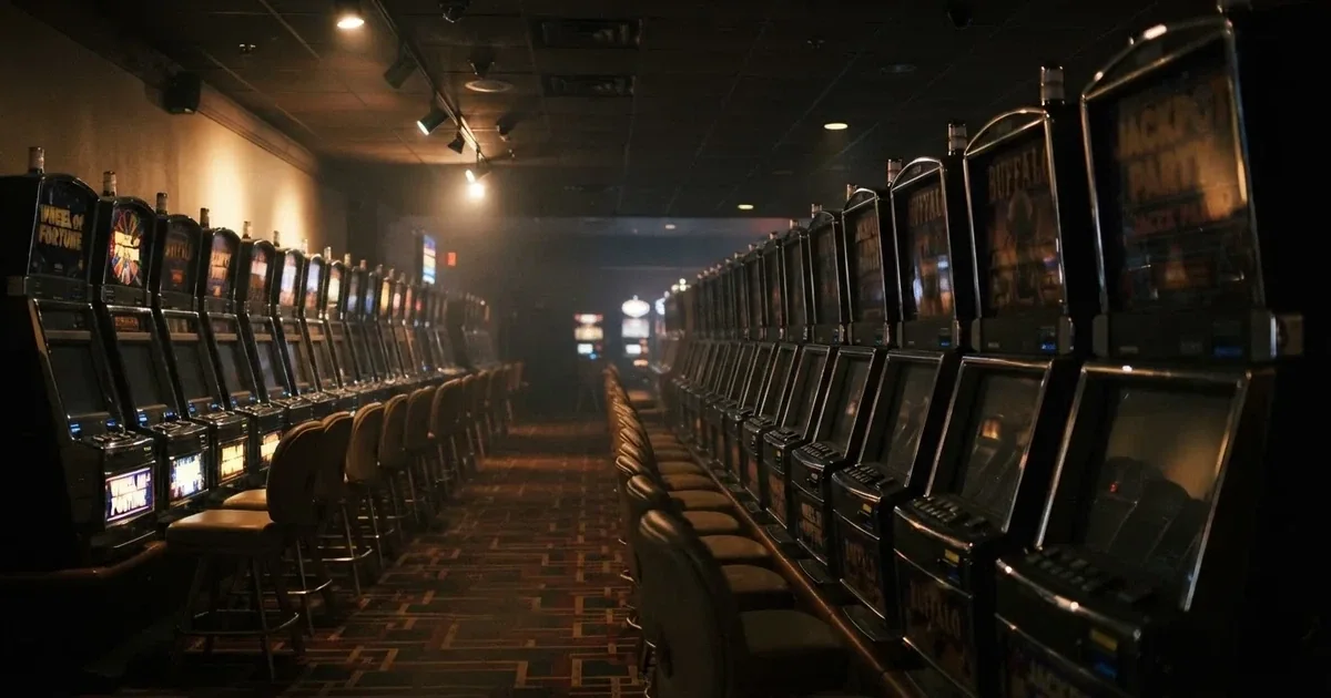 Rader av tomma spelautomater med släckta skärmar står uppställda i ett dimmat rum, fotograferat snett från sidan.