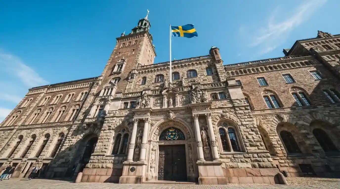 Ett gammalt stadshus i sten fotograferat underifrån mot en klarblå himmel, med den svenska flaggan som fladdrar ovanför entrén.