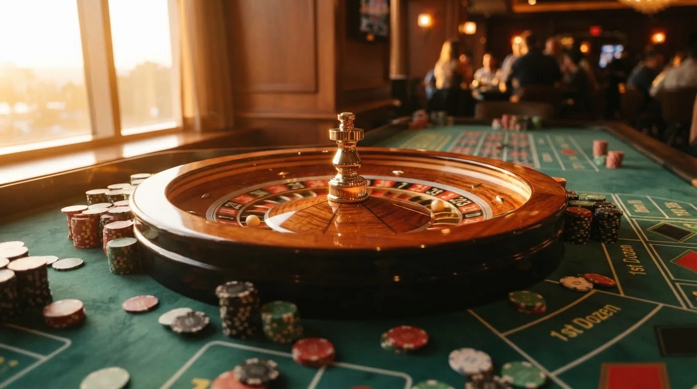 Roulettehjul och spelmarker på grön filt i varmt kvällsljus — blackjack gratis i sverige