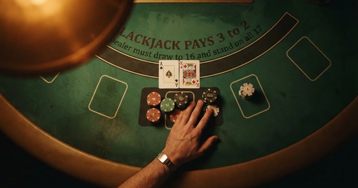 Upplyst spelbord med kort, sett ovanifrån — blackjack gratis i sverige