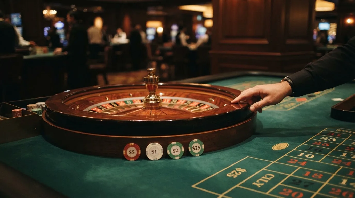 Roulettehjul och spelmarker på grön filt i varmt kvällsljus — blackjack med live dealer i sverige
