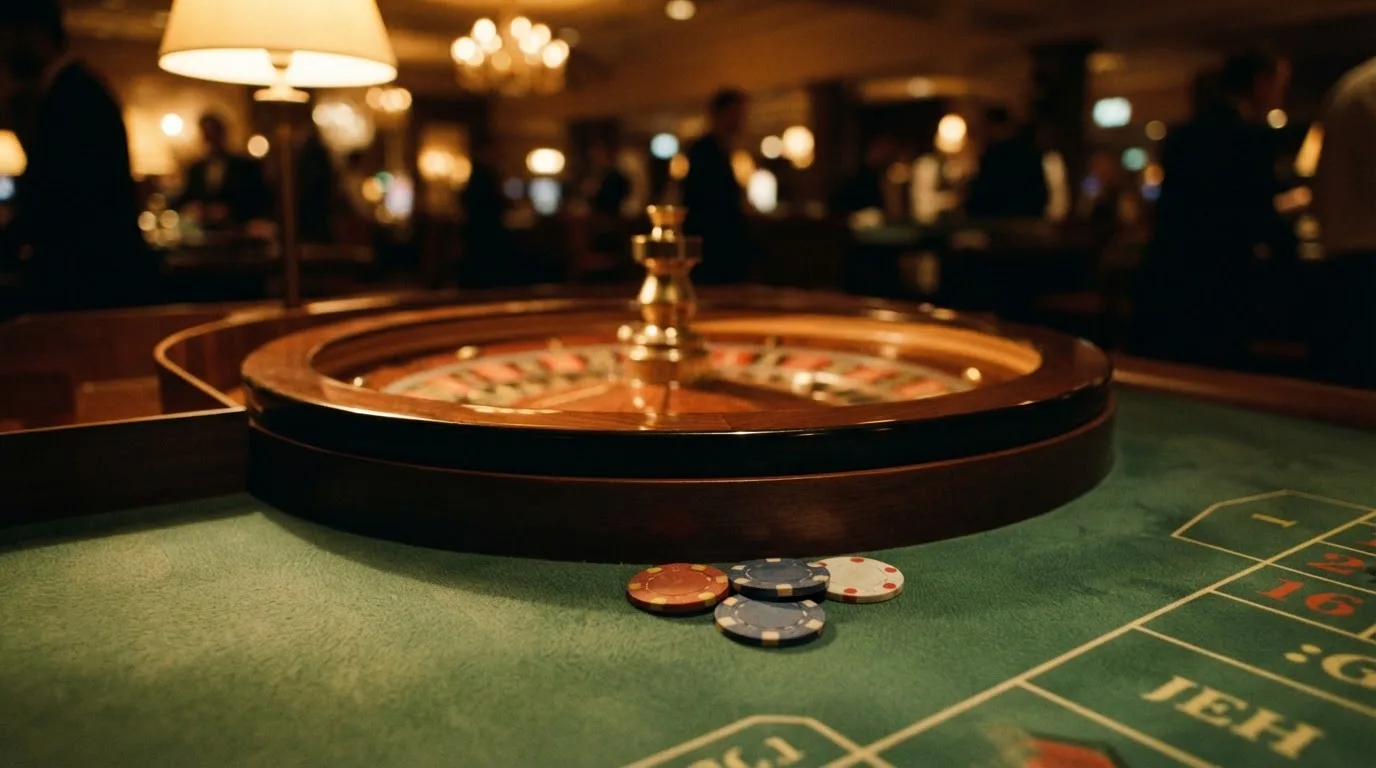 Roulettehjul och spelmarker på grön filt i varmt kvällsljus — blackjack på nätet i sverige