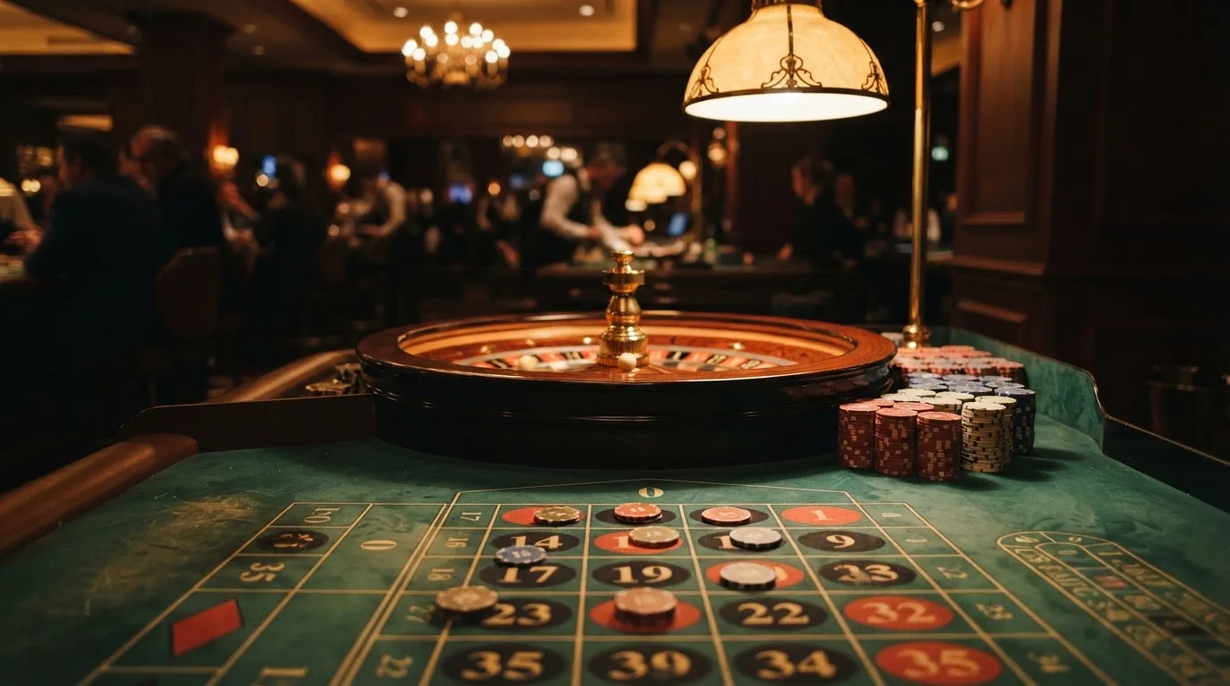 Roulettehjul och spelmarker på grön filt i varmt kvällsljus — bra svenska casinon