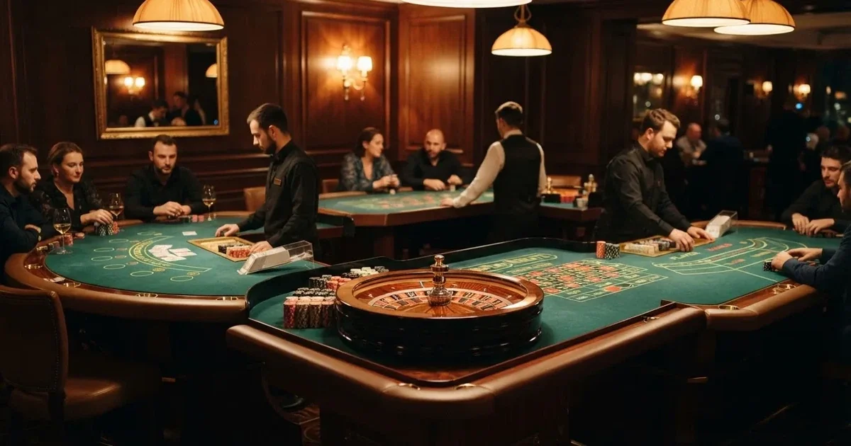 Tre olika spelbord bredvid varandra i en lugn, varmt upplyst spelsal — bra svenska casinon