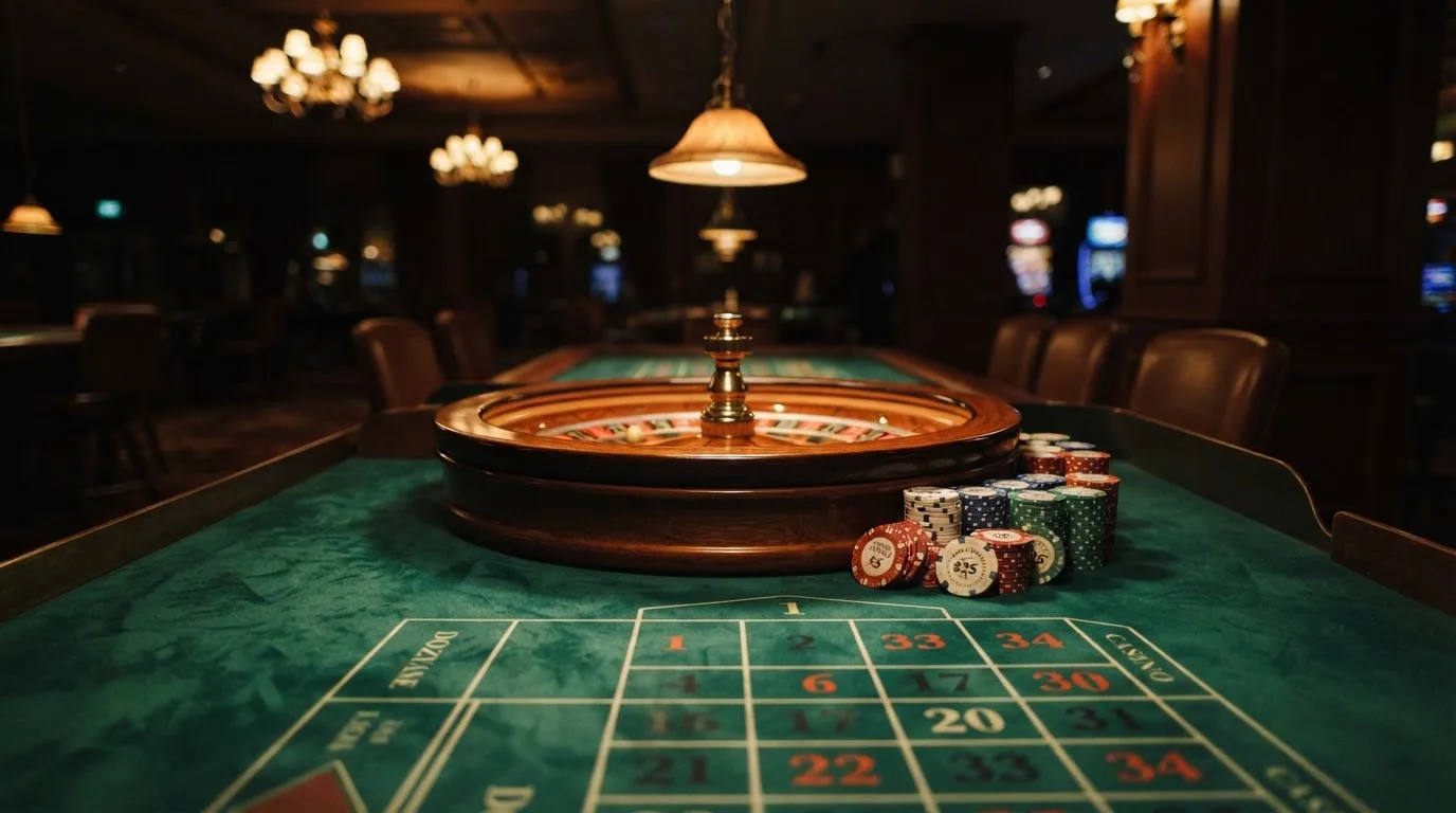Roulettehjul och spelmarker på grön filt i varmt kvällsljus — casino regler för svenskar
