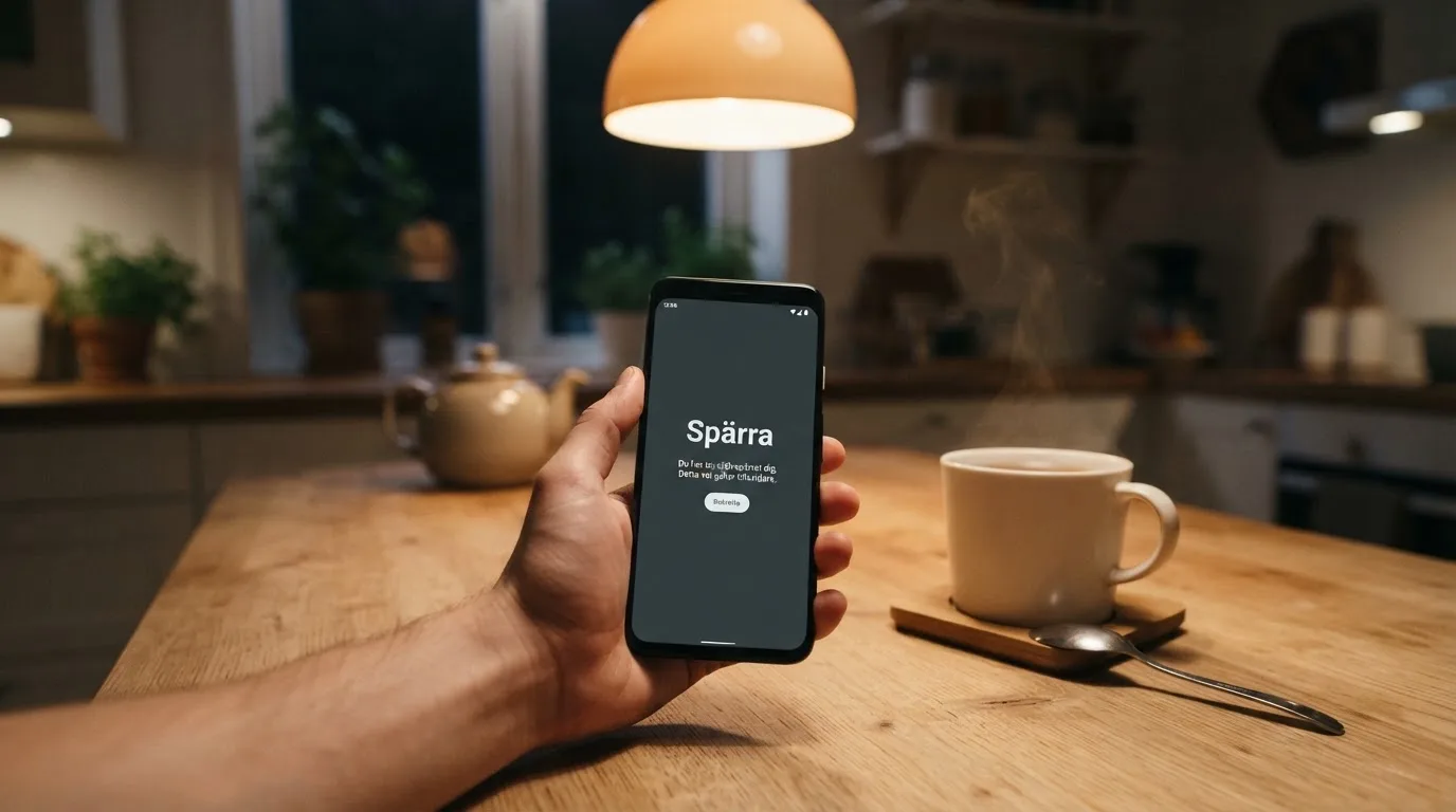 Hand håller en mobiltelefon bredvid en kopp te vid ett köksbord en lugn kväll — casino regler för svenskar