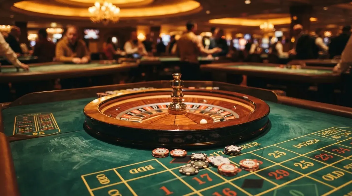 Roulettehjul och spelmarker på grön filt i varmt kvällsljus — casinon med bankid i sverige