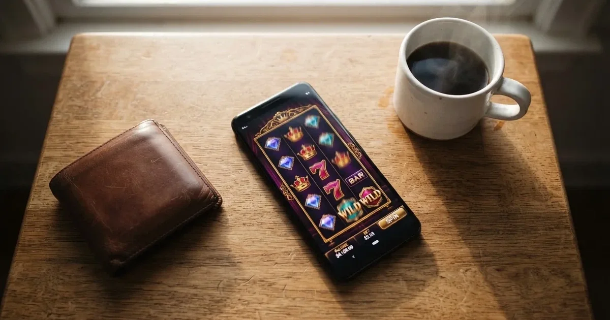 Mobiltelefon på ett träbord bredvid en plånbok och en kopp kaffe — casinon med bankid i sverige
