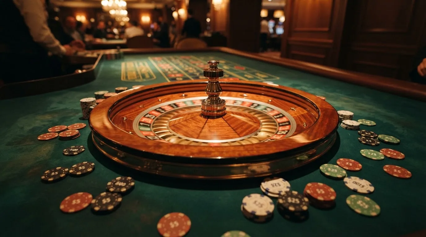 Roulettehjul och spelmarker på grön filt i varmt kvällsljus — casinon med curaçao licens