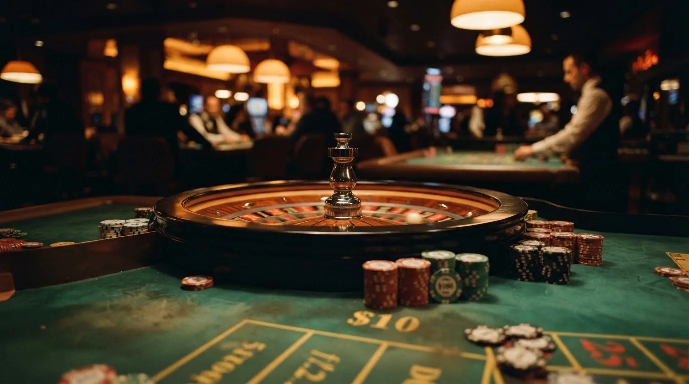 Roulettehjul och spelmarker på grön filt i varmt kvällsljus — casinon med jackpot i sverige