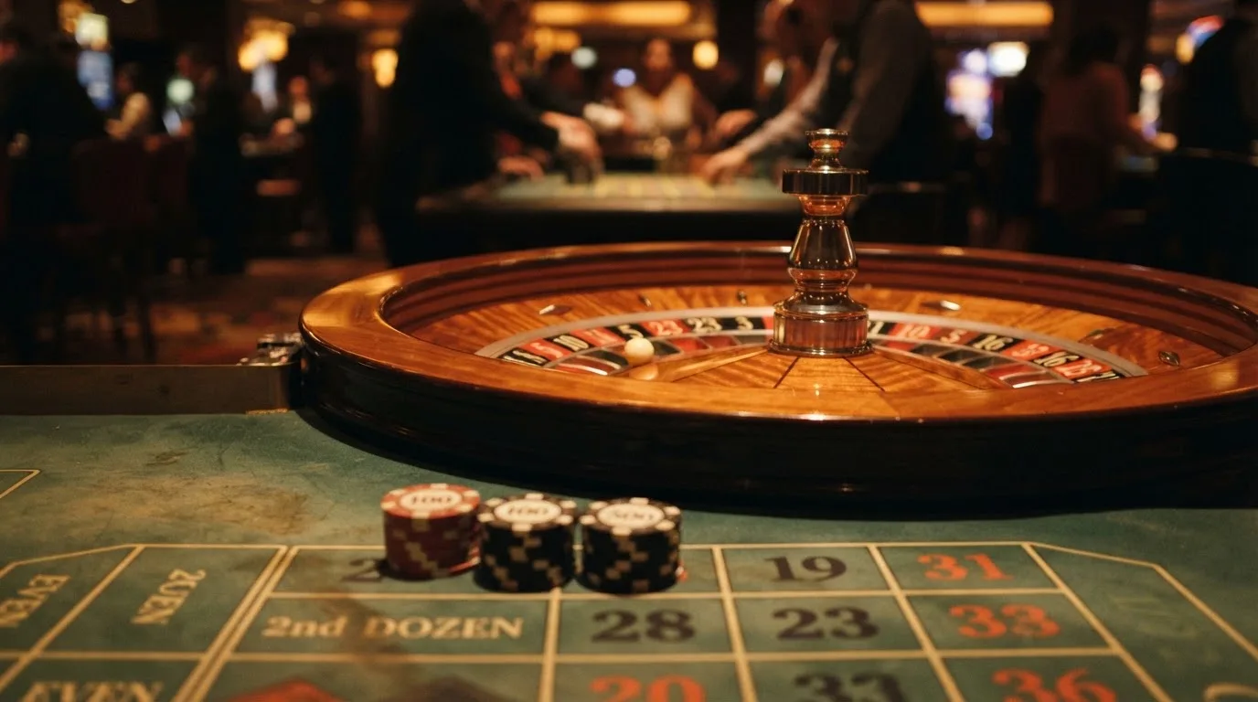 Roulettehjul och spelmarker på grön filt i varmt kvällsljus — casinon med slots i sverige