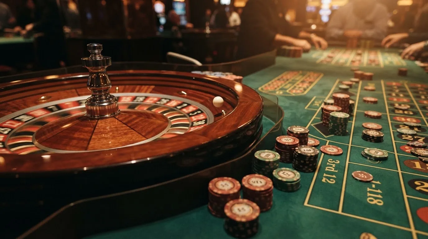 Roulettehjul och spelmarker på grön filt i varmt kvällsljus — casinon med uttag i sverige