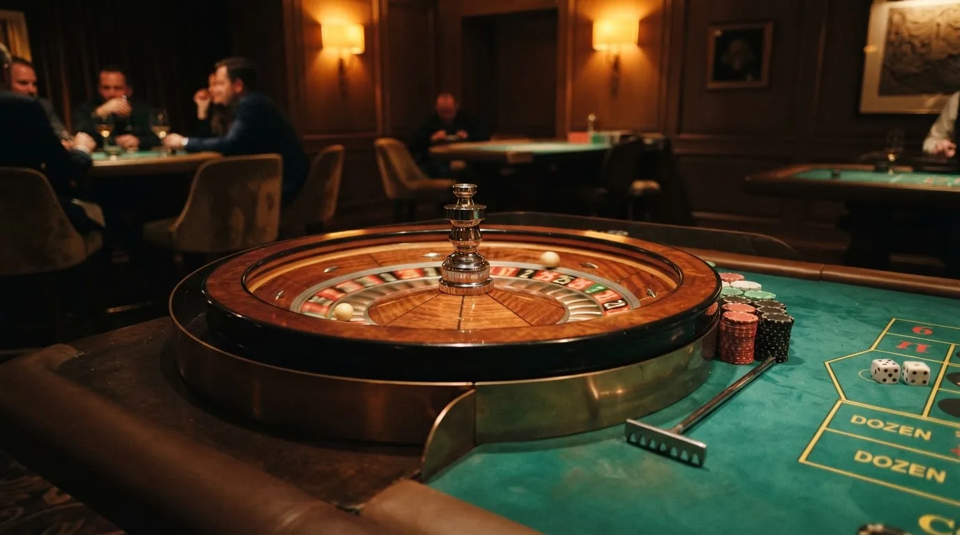 Roulettehjul och spelmarker på grön filt i varmt kvällsljus — casinon utan bankid i sverige