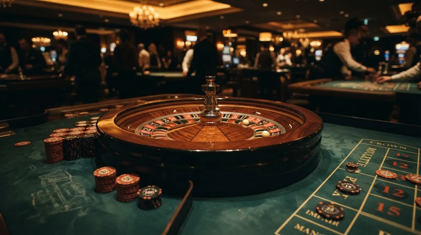 Roulettehjul och spelmarker på grön filt i varmt kvällsljus — casinon utan spelgräns i sverige