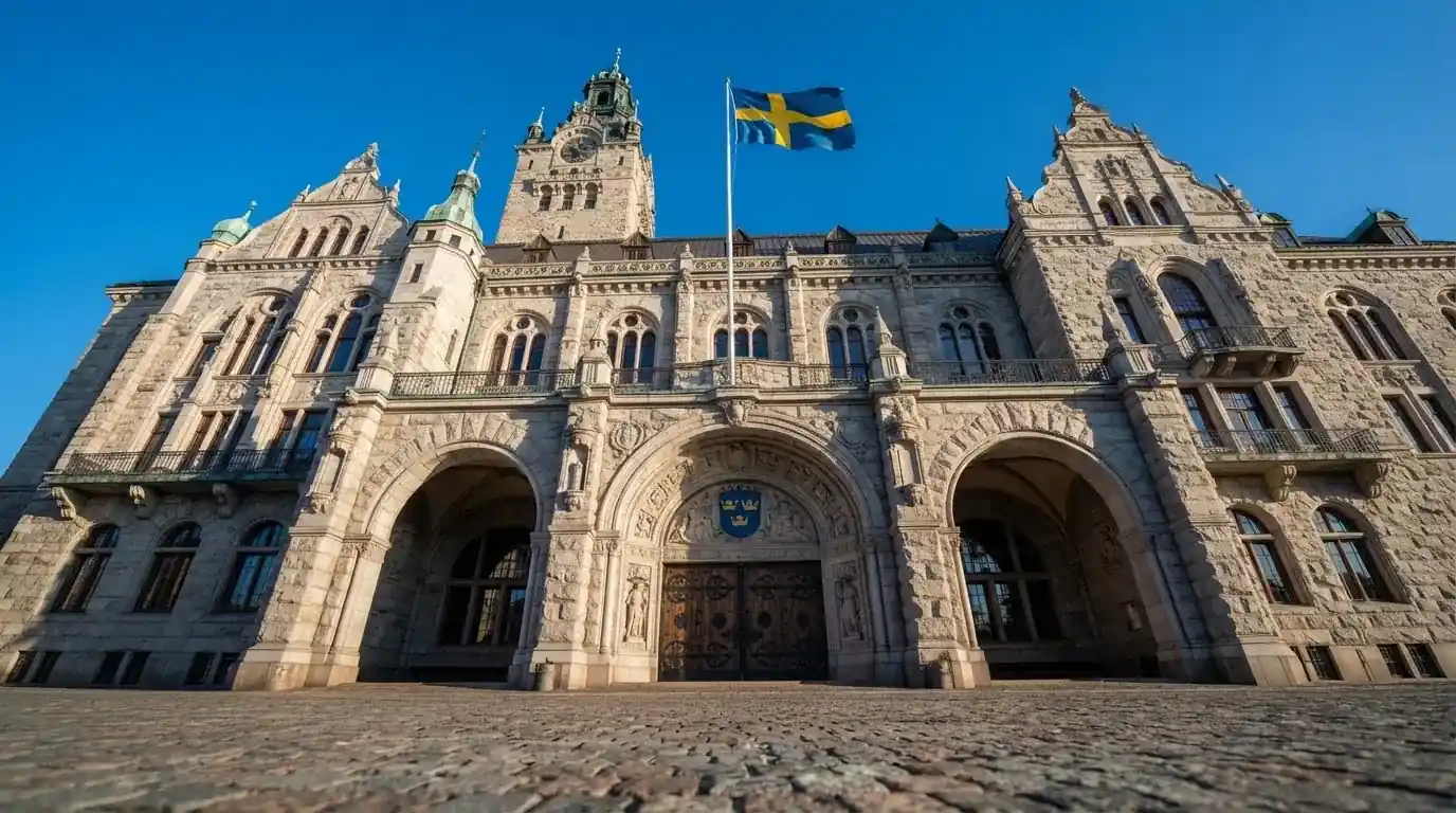 Ett gammalt stadshus i sten fotograferat underifrån mot en klarblå himmel, med den svenska flaggan som fladdrar ovanför entrén.
