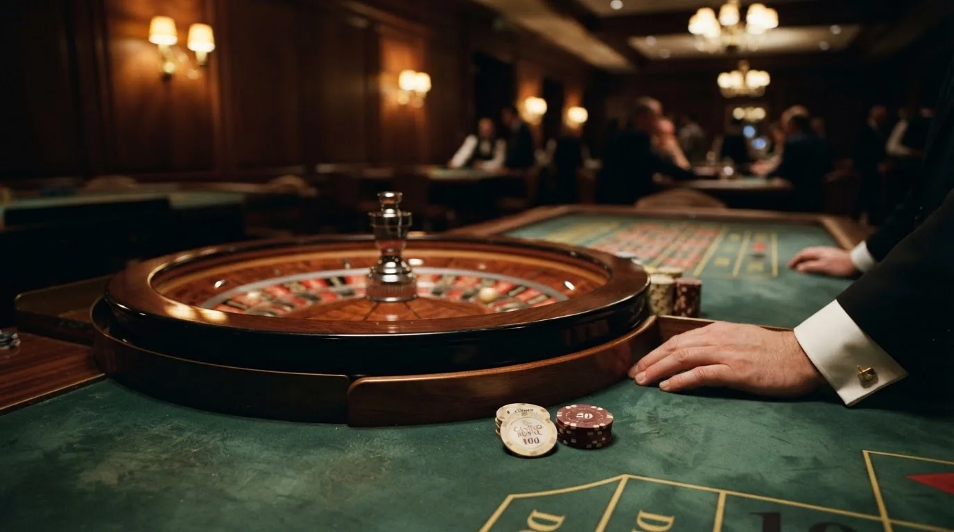 Roulettehjul och spelmarker på grön filt i varmt kvällsljus — svenska casinon med bitcoin