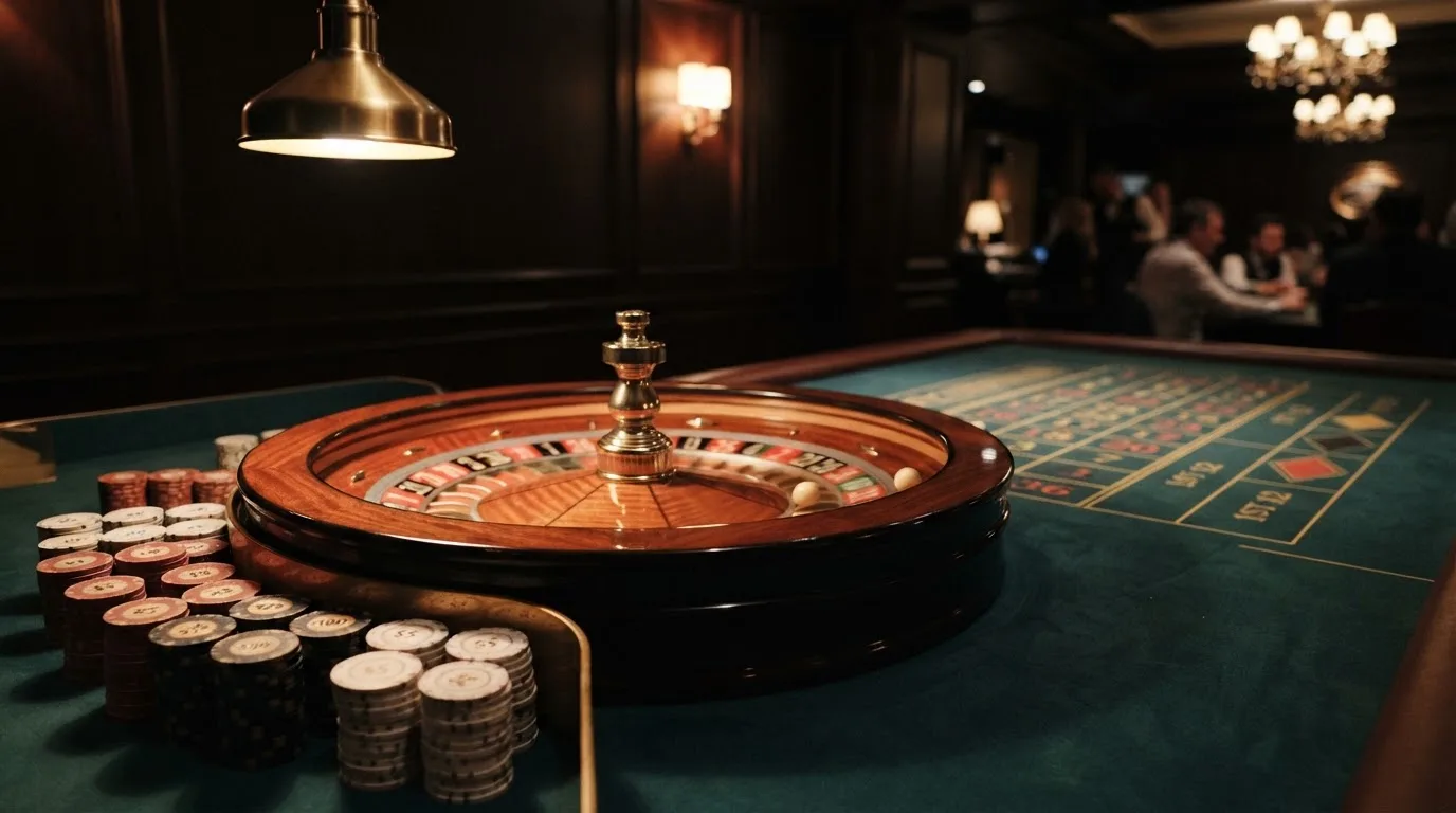 Roulettehjul och spelmarker på grön filt i varmt kvällsljus — svenska casinon med dogecoin