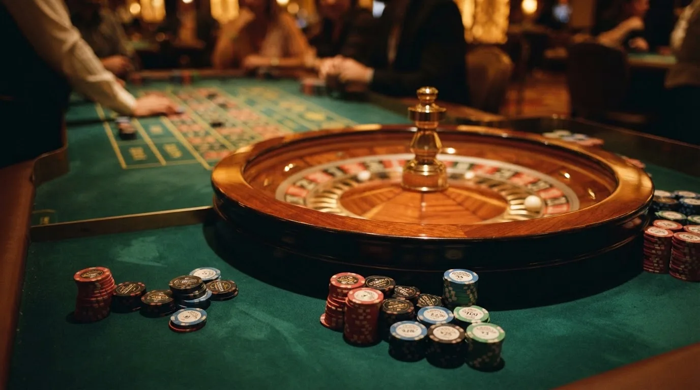 Roulettehjul och spelmarker på grön filt i varmt kvällsljus — svenska casinon på android