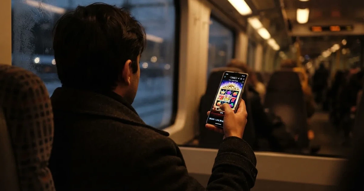 Mobiltelefon i handen på en pendeltåg i Stockholm en vinterkväll — svenska casinon på android