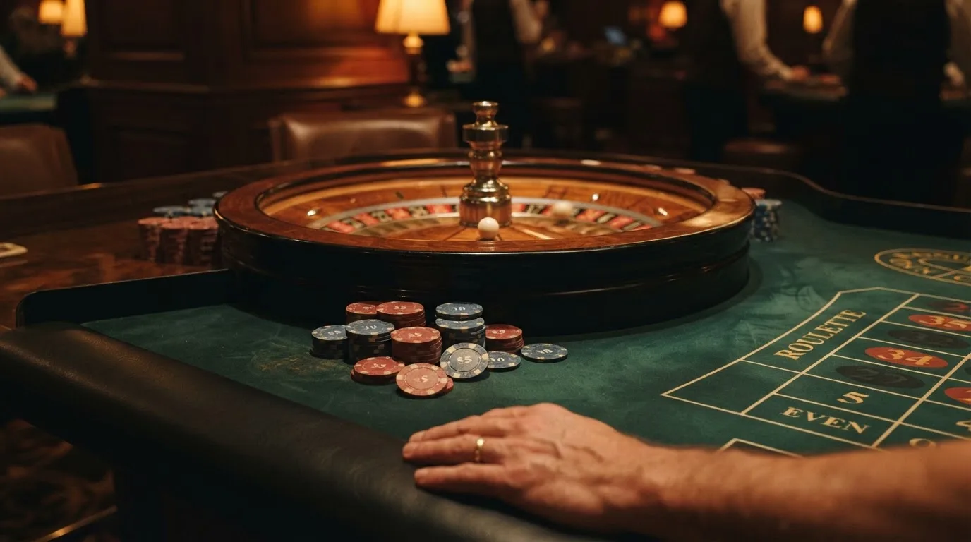 Roulettehjul och spelmarker på grön filt i varmt kvällsljus — svenska casinon på ios