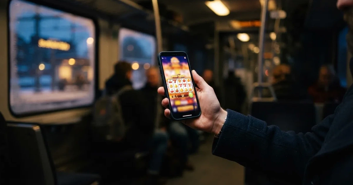 Mobiltelefon i handen på en pendeltåg i Stockholm en vinterkväll — svenska casinon på ios